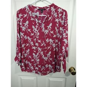 Hawthorn WomanMP Blouse Burgundy Grey Floral 3/4 Slit Tie Sleeve V Neck Pullover